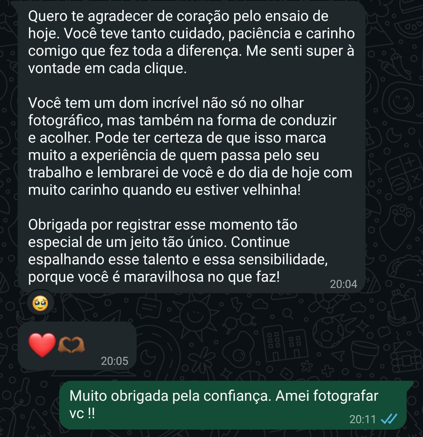 Print de depoimento real enviado por uma cliente no WhatsApp após o ensaio